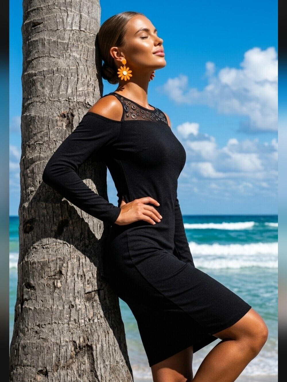 Philosophy Black Sleath Dress Cold Shoulder Gromments Long Sleeve Sz Medium NWOT